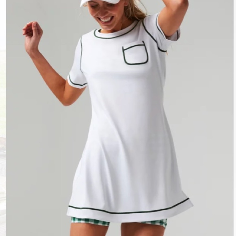 Tuckernuck White Mini Dress with Dark Green Trim